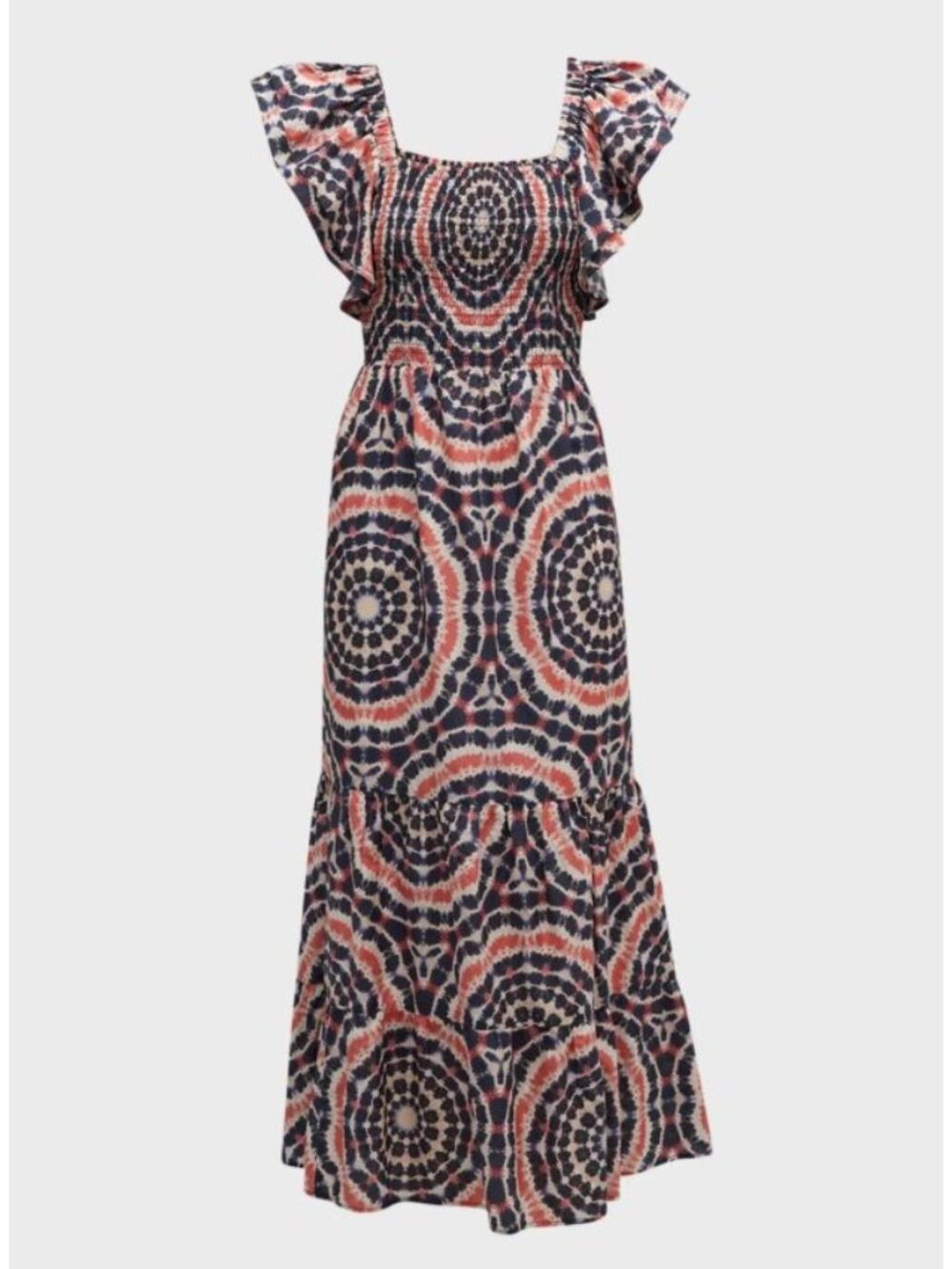 V-67. Marie Oliver Crystelle Smocked Flutter-Sleeve Maxi Dress